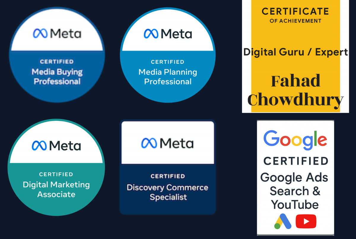 Meta Media Buying, Media Planning, Digital Marketing Associate and Discovery Commerce certifications, plus Google Ads Search and YouTube certification